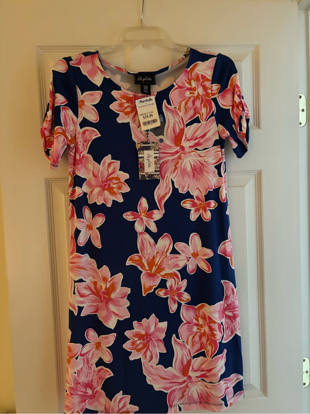 Heyton Navy Blue Floral Shift Dress - Pink Flower Print XS